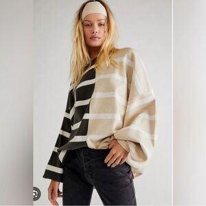 Free People Uptown Striped Crew Neck Sweater - Black and Tan